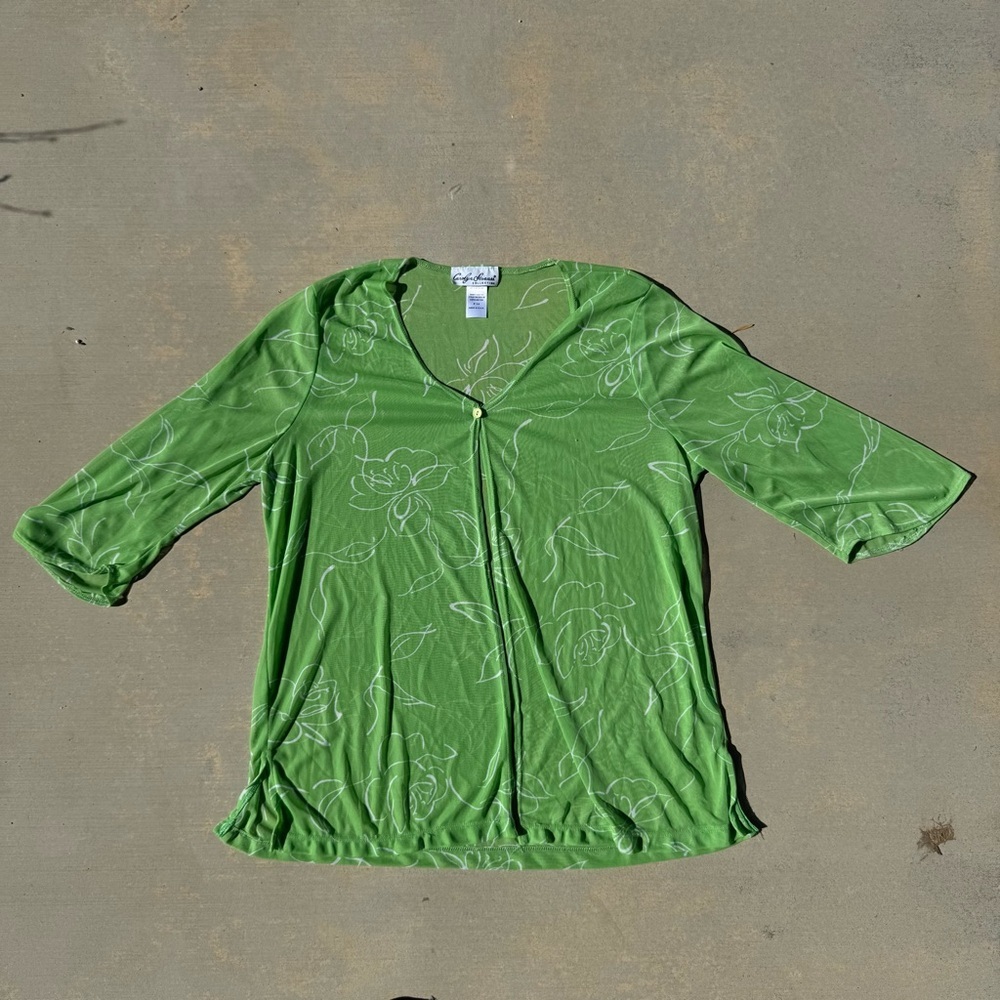 Carolyn Strauss Women's Sheer Mesh Cardigan 3/4 Sleeves Green/White Floral Sz 1X
